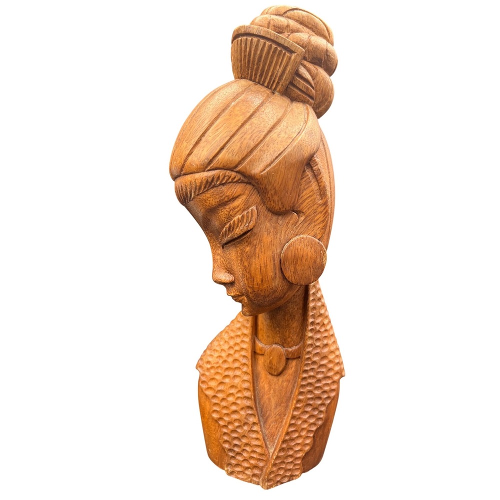 Vintage Hand Carved Wood Sculpture Asian Goddess Geisha Mid Century Modern Boho